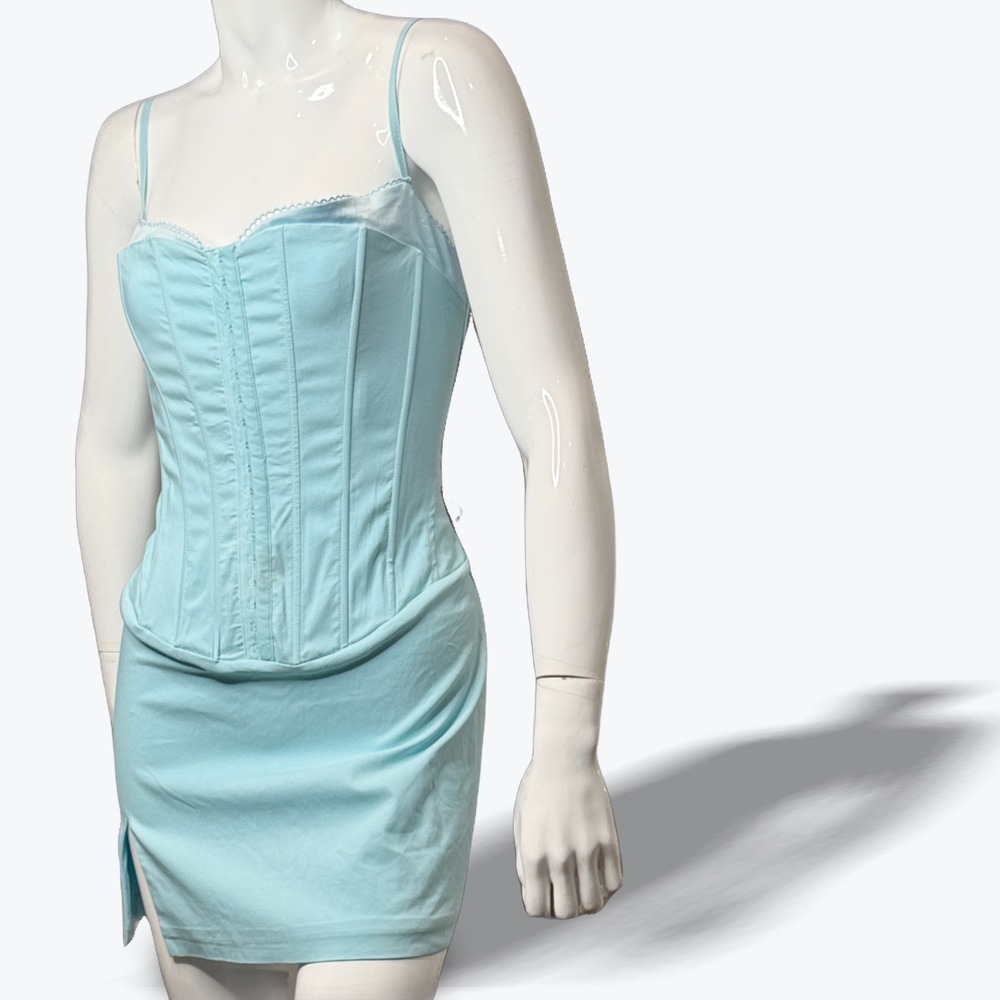 Coquette Corset Mini Dress Baby Blue Lace Trim Sexy Y2K‎ Club Dress Womens Large